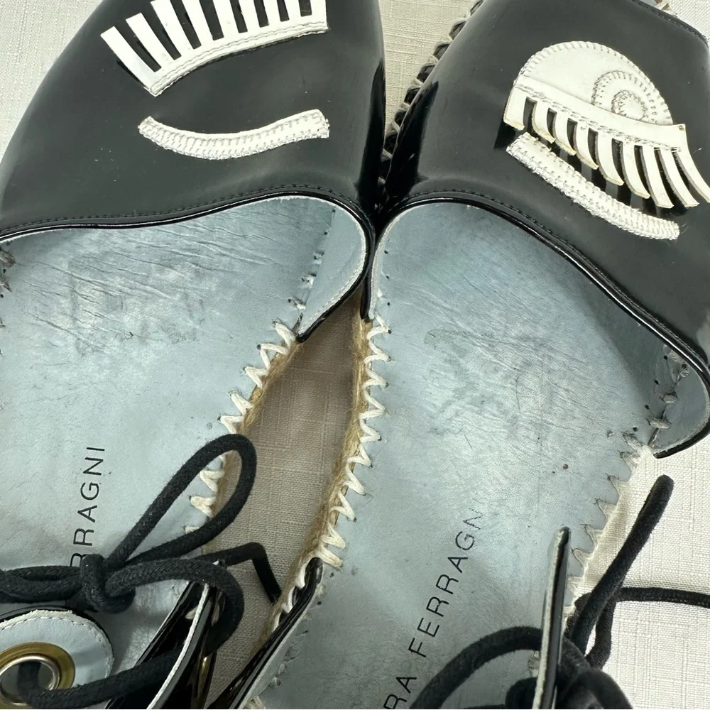 Chiara Ferragni Women's Size 37 Winking Black Patent Leather Platform Espadrille